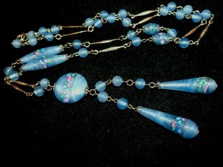 Long Vintage Art Deco Czech Blue Floral Satin Glass Sautoir Necklace