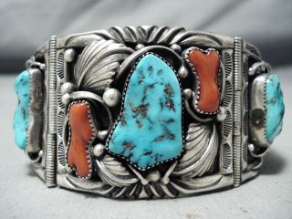 One Of The Best Vintage Navajo Turquoise Coral Sterling Silver Link Bracelet