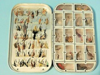 Vintage Wheatley Silmalloy Metal Fly Box W/ 16 Compartments,  49 Clips & 75 Flies