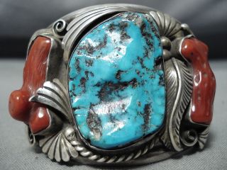 One Of The Best Vintage Navajo Turquoise Coral Sterling Silver Bracelet