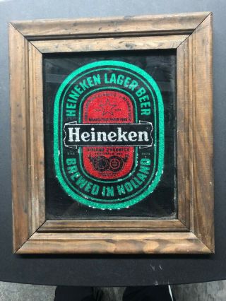Vintage Heineken Beer Sign Mirror - Silver & Green Foil On Black Wood Framed