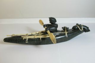 Vintage Eskimo Inuit Art Carved Stone Sculpture Kayac Hunter Antler Signed