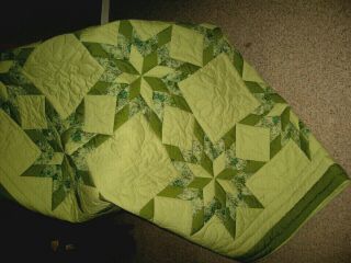 Stunning Vintage Handmade Double 8 Point Star Quilt.  Greens W Teal Print 102x88 "