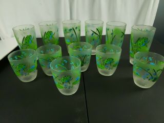 Vtg H J Stotter Green Frog Patter Plastic Acrylic 6 Tumbler & 6 Tall Glasses
