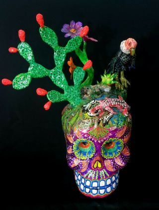 Day Of The Dead Paper Mache Skull Great Master Felipe Linares Mexican Folk Art
