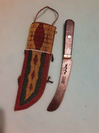 Rare Early Apache Native American Indian Knife & Beaded Buckskin Hide Sheath