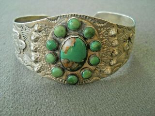 Old Native American Turquoise Cluster Sterling Silver Stamped Bracelet 1930 