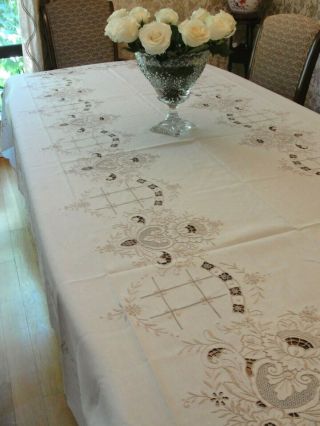 Vintage Hand Embroidered Madeira Cut Work Beige Linen Tablecloth.  Banquet 135 "