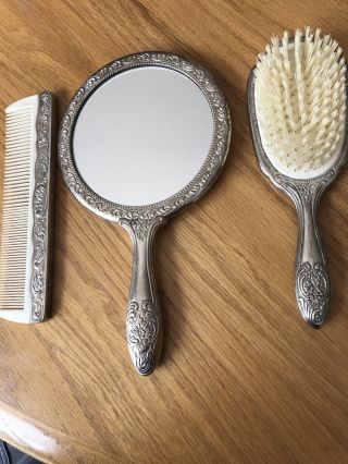 Vintage Silver Plated Vanity Set - Hand Mirror,  Brush,  Comb Rare