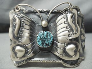 Detailed Huge Navajo Butterfly Turquoise Sterling Silver Bracelet