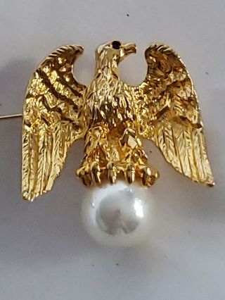 Vintage Ann Hand Sterling Gold Plated Liberty Eagle Faux Pearl Brooch Pin