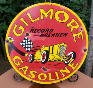 Old Vintage Dated 1930 Gilmore Gasoline Porcelain Pump Sign Record Breaker
