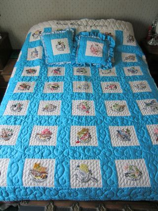 Vintage Usa 50 States Birds Flowers Embroidered Hand Quilted Quilt Pillows Set
