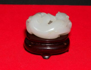 Chinese Mutton Fat Hand Carved White Jade Double Cats/lions With Stand S/h