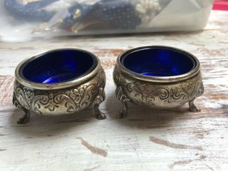 Antique Sterling Repousse Hand Chased Footed Open Salt Cellar W/cobalt Liner (2)