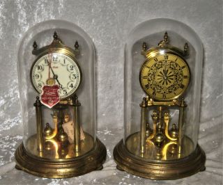2x Vintage Kundo Brass 400 Day Anniversary Clocks W/ Glass Domes - Not