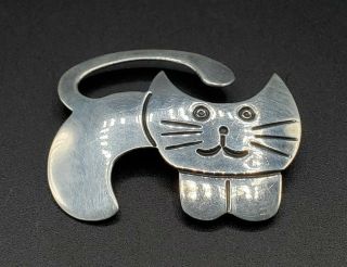 Vintage Mexico 925 Sterling Silver Large Cat Pin Brooch Pendant Vtg