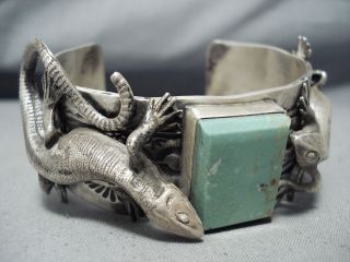 DETAILED GECKO NAVAJO ROYSTON TURQUOISE STERLING SILVER BRACELET 3