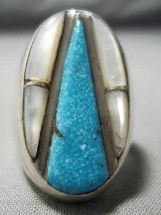Thick And Heavy Vintage Navajo Zuni Turquoise Sterling Silver Pearl Ring Old