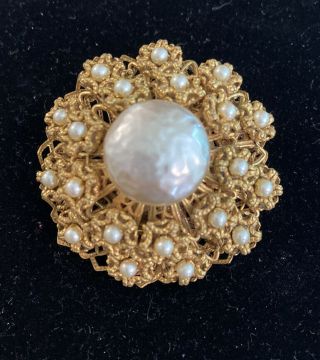 Gorgeous Vintage Signed Miriam Haskell Baroque Faux Pearl Brooch Pin 2”.  149