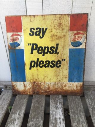 Vintage Double Sided Metal Say Pepsi Please Sign 16” X 17”