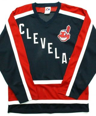 Nwot Vtg 90s Cleveland Indians Hockey Jersey Large Wahoo Sewn Majestic Baseball