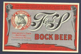 F And S Bock Beer Label,  Irtp,  U - Permit,  Fuhrmann & Schmidt,  Shamokin,  Pa