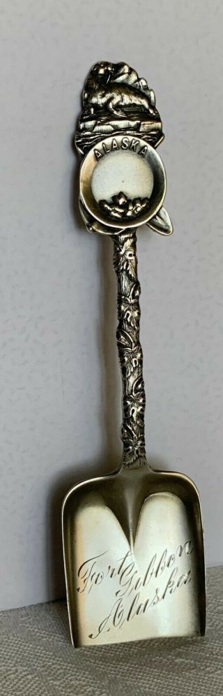 Sterling Souvenir Spoon - Fort Gibbon Alaska - Miners Shovel Form W,  Pick,  Pan,  Seal