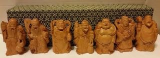 Vintage Japanese 7 Lucky God Figures Wood Carved Oriental Figurines Boxed Set