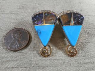 Silver & Gold Turquoise & Opal Inlay Large Hopi Earrings By Duane Maktima