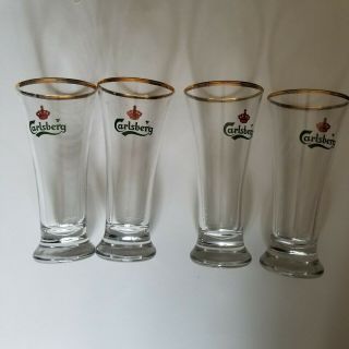 Vintage Carlsberg Beer Glasses,  Set Of 4.  Green And Red Logo.  Clear Glass.