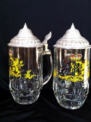 Authentic Vintage German Glass Beer Steins W/pewter Lids - -