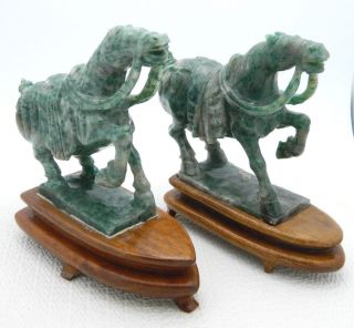 Vtg Chinese Hand Carved Natural Green Jade Horses On Wood Stands 5 " Tall