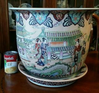 Large Chinese Porcelain Fish Bowl Planter Cache Pot With Figures And Scenes