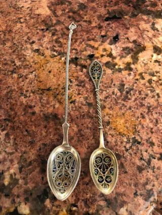 Fine Antique 2 Norwegian Silver Plique - A - Jour Spoons
