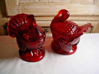 2 Vintage Le Smith Red Glass Turkey Candy/nut Dishes Signed