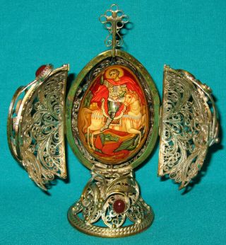 Unique " St.  George " Russian Hand Made Hand Painted Style Faberge Filigree Egg