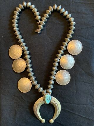 Morgan Silver Dollar And Mercury Dime Squash Blossom Necklace With Turquoise