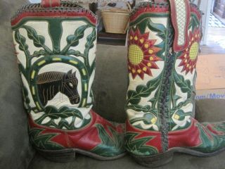Vintage 1940 - 50s Custom Handmade Leather Mexico Cowboy Boots Horse,  Flowers