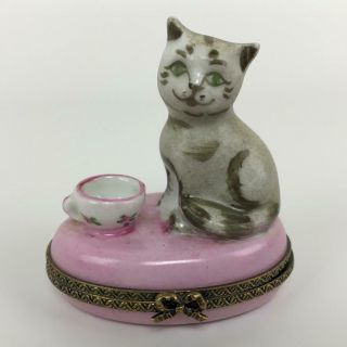 Vintage Limoges France Cat Kitten Pink Teacup Peint Main Porcelain Trinket Box