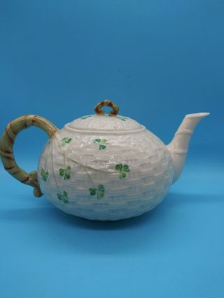 Vintage Belleek Porcelain Teapot Clover Shamrock Pattern Basketweave Euc