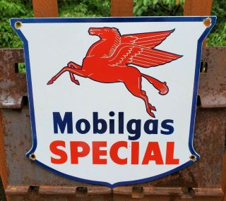 Vintage Mobilgas Special Porcelain Sign Gas Station Pump Plate Mobil Pegasus Oil