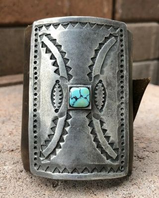 Old Pawn Ketoh Bow Guard Navajo Pueblo Stamped Ingot Silver Turquoise Bracelet