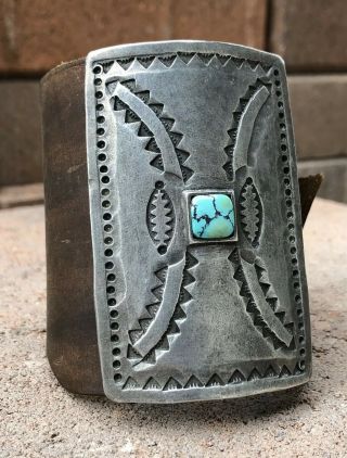 Old Pawn Ketoh Bow Guard Navajo Pueblo Stamped Ingot Silver Turquoise Bracelet 3