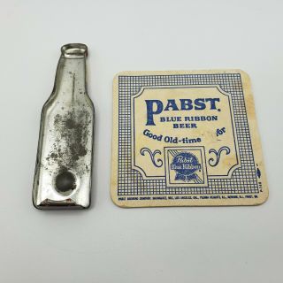 Vintage Bottle Opener Pabst Blue Ribbon Beer Bottle shaped tin & Coaster 2