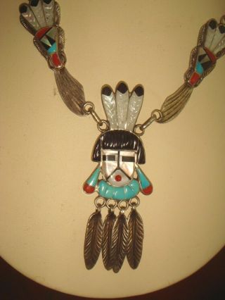 Vtg.  Old Pawn Zuni Sterling Silver Carved Turquoise Coral Mop Kachina Necklace
