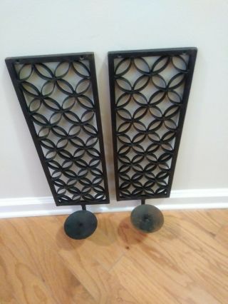 Vintage Pair Black Rustic Scroll Wrought Iron Sconce Candle Holders