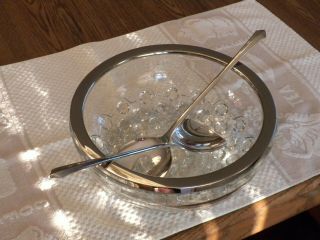 Vintage Glass Salad Bowl With Silver Plated Rim,  Spoon,  Fork,  Made In England