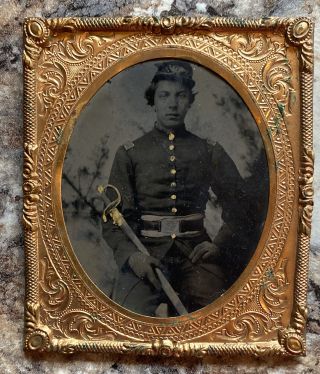 Civil War Soldier With Sword Tintype Brass Mat