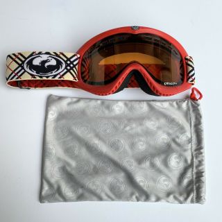 Vintage Dragon Snowboard Goggles W/ Bag Designer Red Burberry Pattern Rare Ski